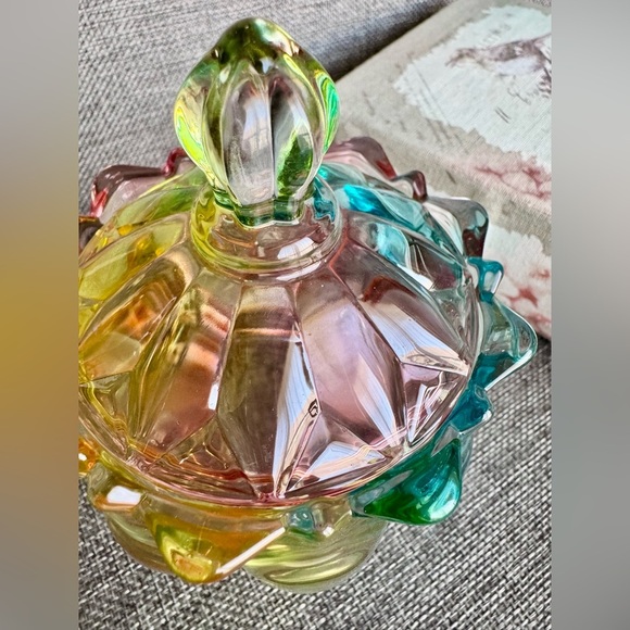 New Rainbow Fluted Flower Glass Jewelry, Trinket, Candy Dish Decor w/ Lid - 4.5” - Picture 4 of 8
